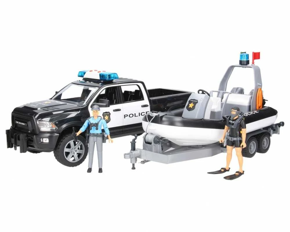 BRUDER RAM 2500 policijos pikapas su priekaba ir valtimi, 02507