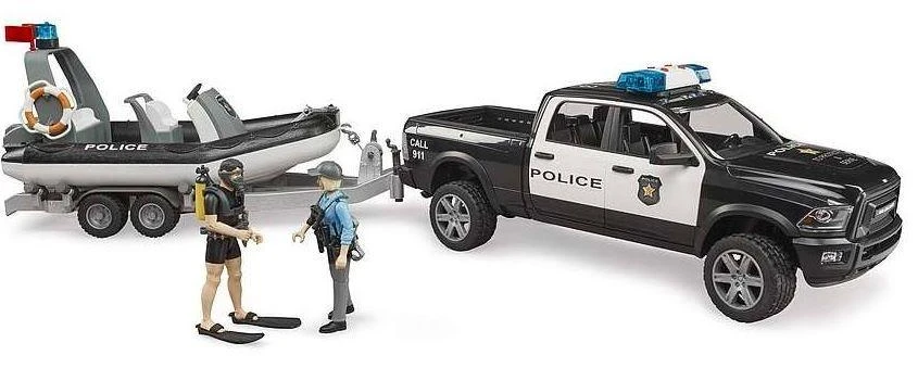 BRUDER RAM 2500 policijos pikapas su priekaba ir valtimi, 02507