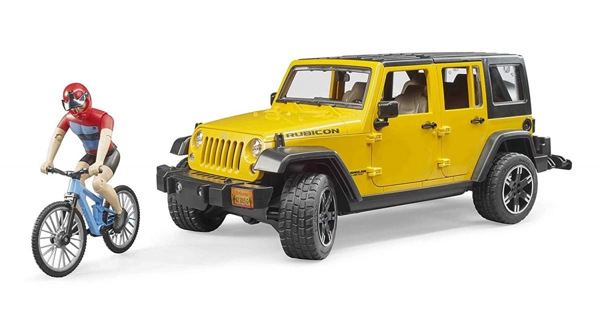 BRUDER automobilis Jeep Wrangler ir dviratininkas su kalnų dviračiu, 02543