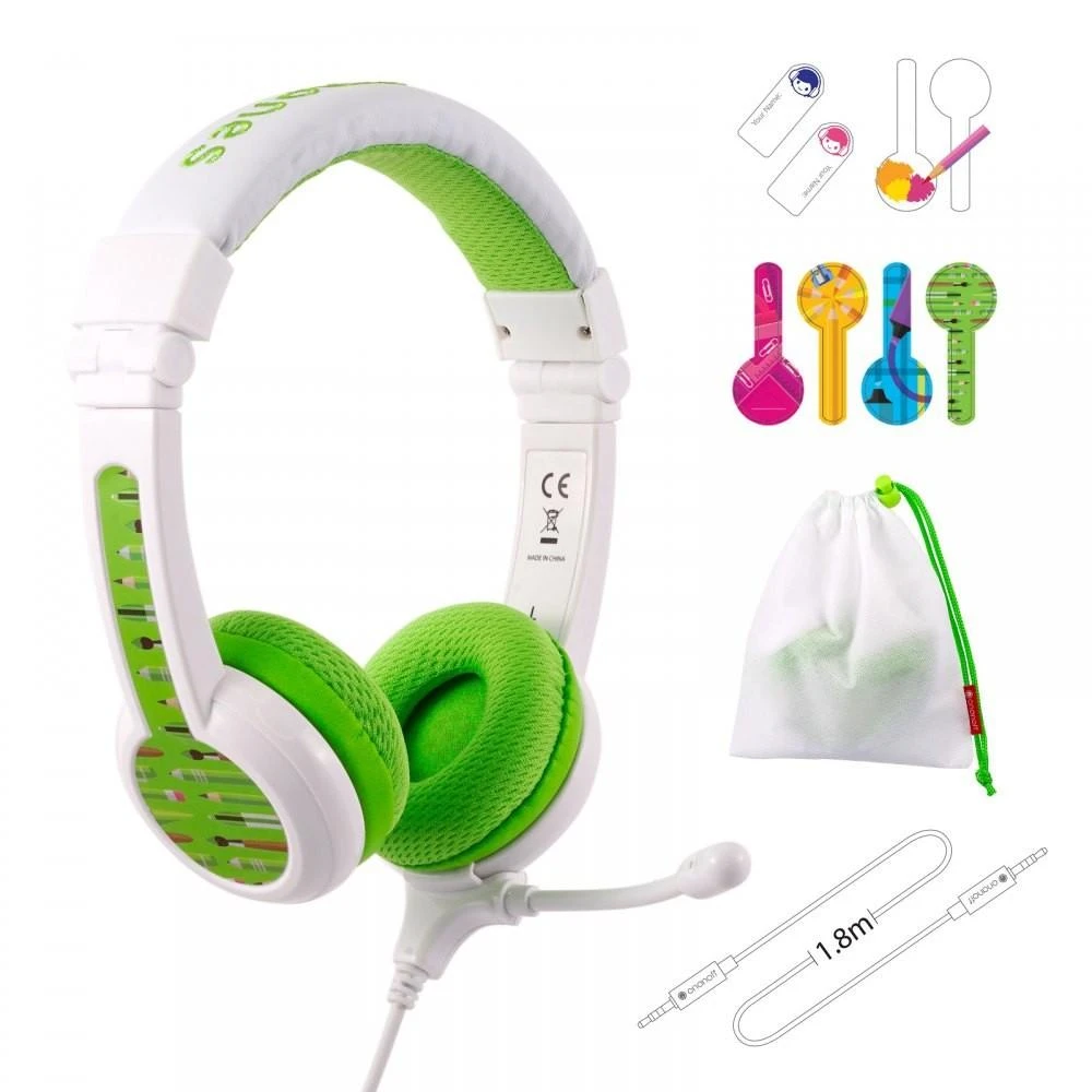 Buddyphones Ausinės vaikams 3+ 85dB su mikrofonu School+, žalia