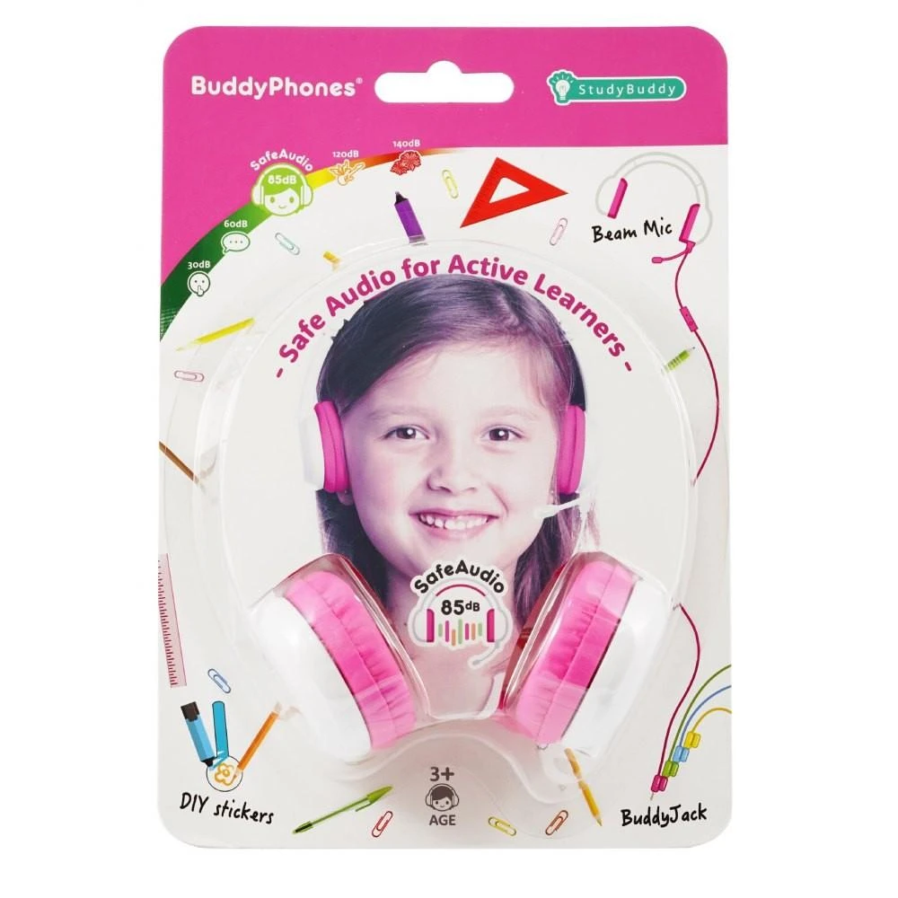 Buddyphones StudyBuddy rožinės ausinės pakuotėje
