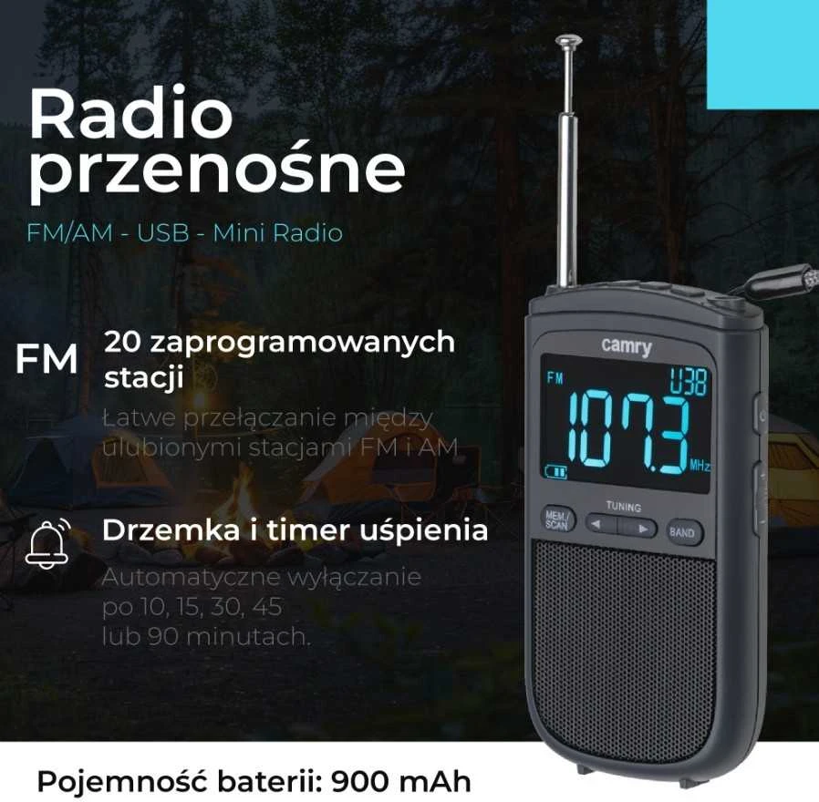 Camry | Nešiojamasis mini radijas | CR 1905 | Žadintuvo funkcija | Juodas