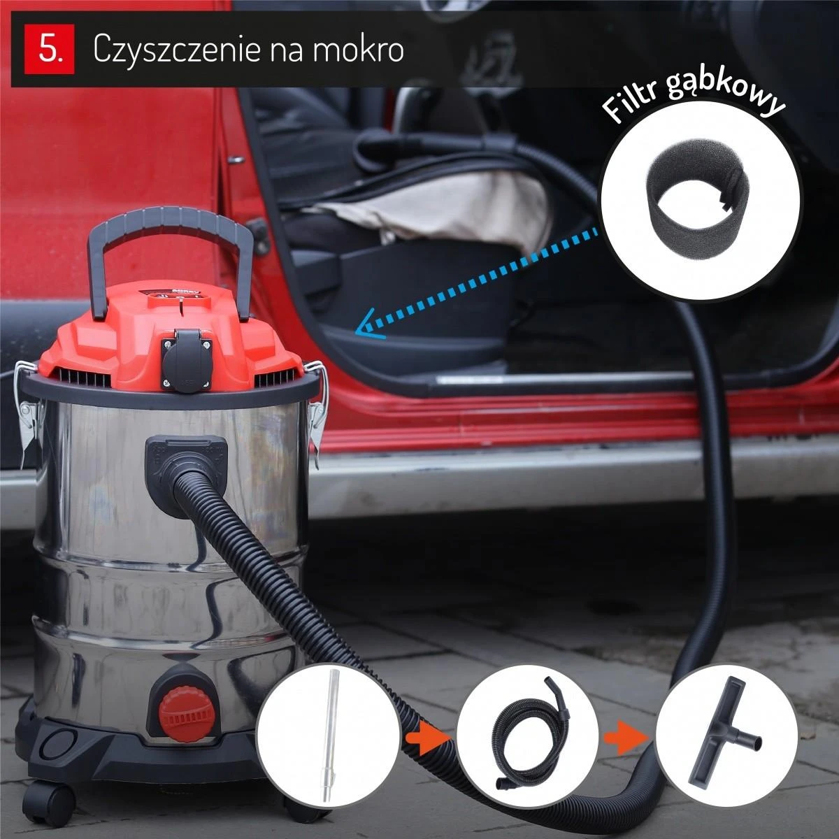 Adler Camry | Profesionalus pramoninis dulkių siurblys | CR 7045 | Supakuotas | Šlapias siurbimas | Galia 3400 W | Dulkių talpa 25 L | Raudona/Sidabrinis