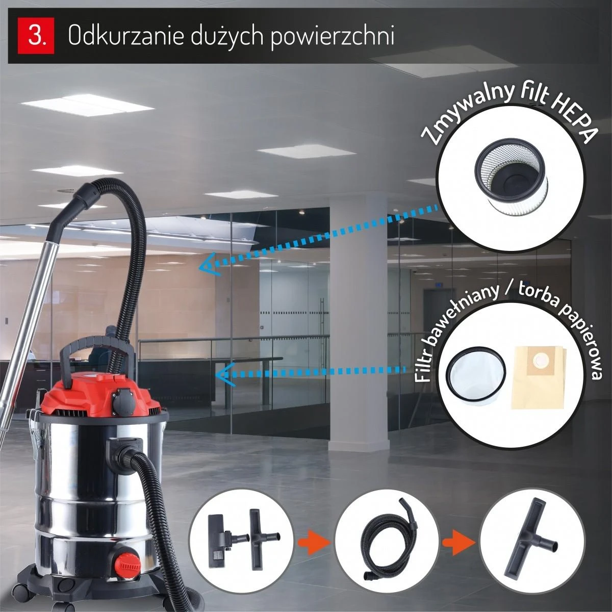 Adler Camry | Profesionalus pramoninis dulkių siurblys | CR 7045 | Supakuotas | Šlapias siurbimas | Galia 3400 W | Dulkių talpa 25 L | Raudona/Sidabrinis