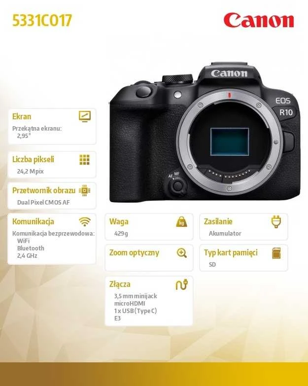 „Canon“ | D.CAM EOS R10 RF-S 18-150 IS STM EU26 | 24,2 megapikselių | Vaizdo stabilizatorius | ISO jautrumas (maks.) 32000 | „Wi-Fi“ | Vaizdo įrašymas | Rankinis valdymas | CMOS | Juodas