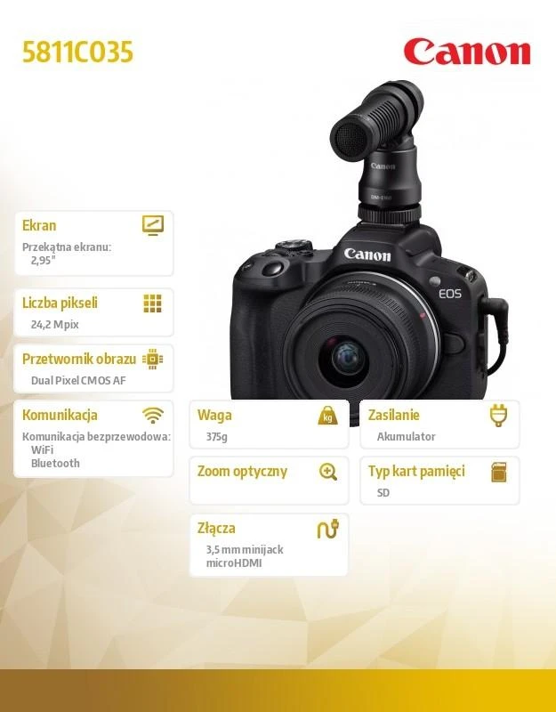 „Canon“ | EOS R50 + RF-S 18–45 mm „CREATOR“ rinkinys (SIP) | 24,2 megapikselių | Vaizdo stabilizatorius | ISO jautrumas (maks.) 32000 | Ekrano įstrižainė 2,95 colio | „Wi-Fi“ | Vaizdo įrašymas | Automatinis, rankinis | CMOS | Juodas