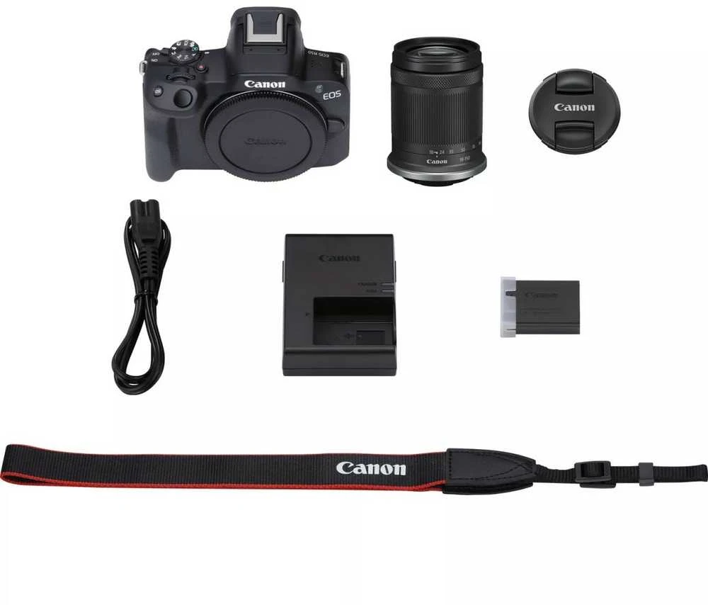 „Canon“ | „EOS R50“ – skaitmeninis fotoaparatas su RF-S 18–150 mm F3.5–6.3 IS STM objektyvu | 24,2 megapikselių | ISO jautrumas (maks.) ISO 51200 | „Wi-Fi“ | Automatinis, rankinis | CMOS | Juodas