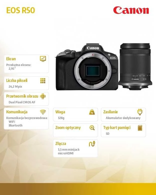 „Canon“ | „EOS R50“ – skaitmeninis fotoaparatas su RF-S 18–150 mm F3.5–6.3 IS STM objektyvu | 24,2 megapikselių | ISO jautrumas (maks.) ISO 51200 | „Wi-Fi“ | Automatinis, rankinis | CMOS | Juodas