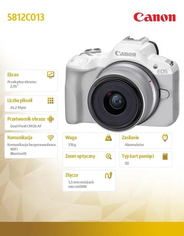 „Canon“ | EOS R50 WH + RF-S 18-45mm F4.5-6.3 IS STM (SIP) | 24,2 megapikselių | Vaizdo stabilizatorius | ISO jautrumas (maks.) 32000 | Ekrano įstrižainė 2,95 colio | „Wi-Fi“ | Vaizdo įrašymas | Automatinis, rankinis | CMOS | Baltas