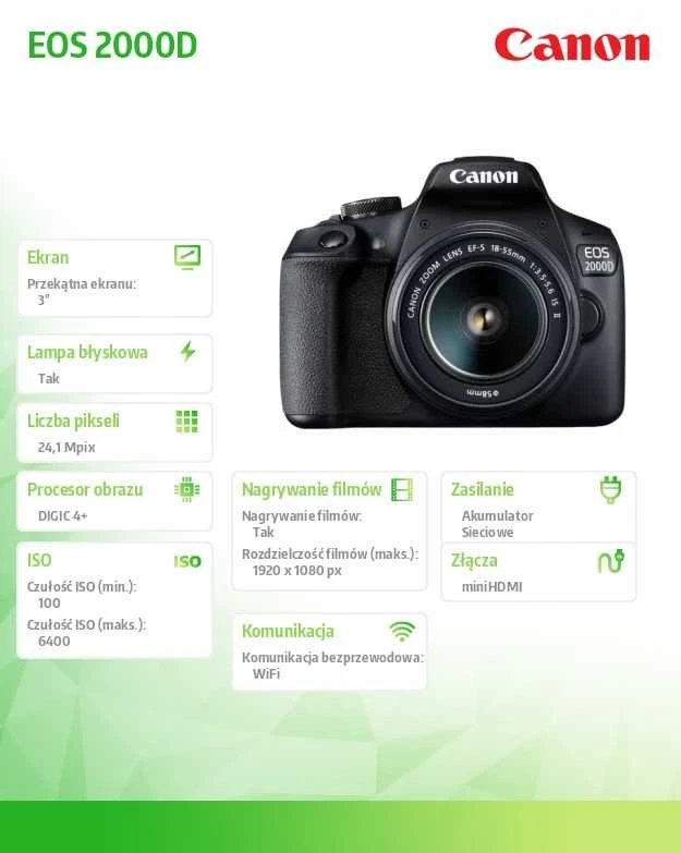Canon EOS 2000D 18-55 III EU26 SLR fotoaparatų komplektas, megapikselis 24,1 MP, ISO 12800, Ekrano įstrižainė 3,0 ", Wi-Fi, vaizdo įrašymas, APS-C, Juodos spalvos