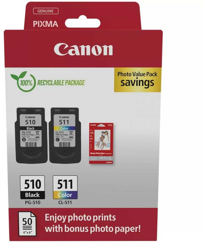 „Canon“ rašalo kasetė + fotopopierius vertės paketas | PG-510/CL-511 | Rašalo kasetė/popieriaus rinkinys | Spalva (žydra, rausvai raudona, geltona)