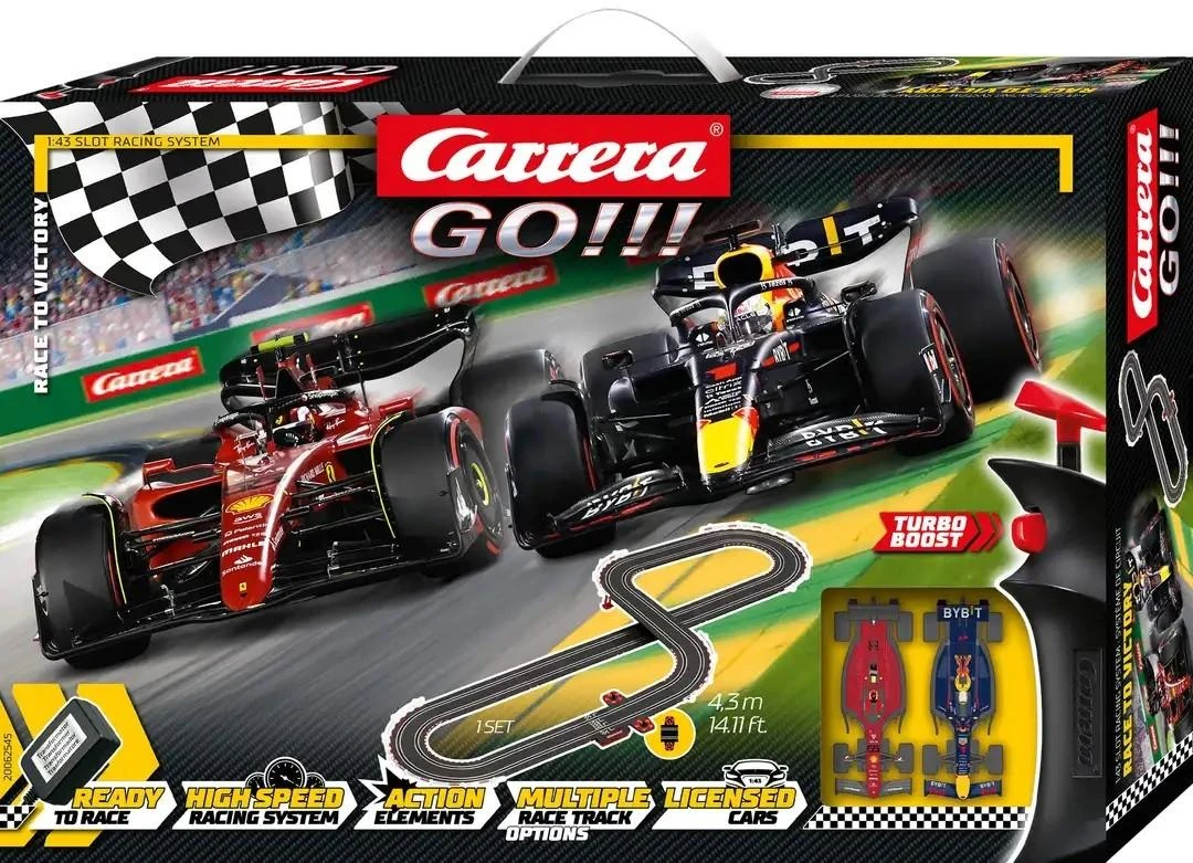 Automobilių Lenktynių Rinkinys - Carrera 1:43 Go Race To Victory (trasos, 2 automobiliai, valdikliai, maitinimo šaltinis)