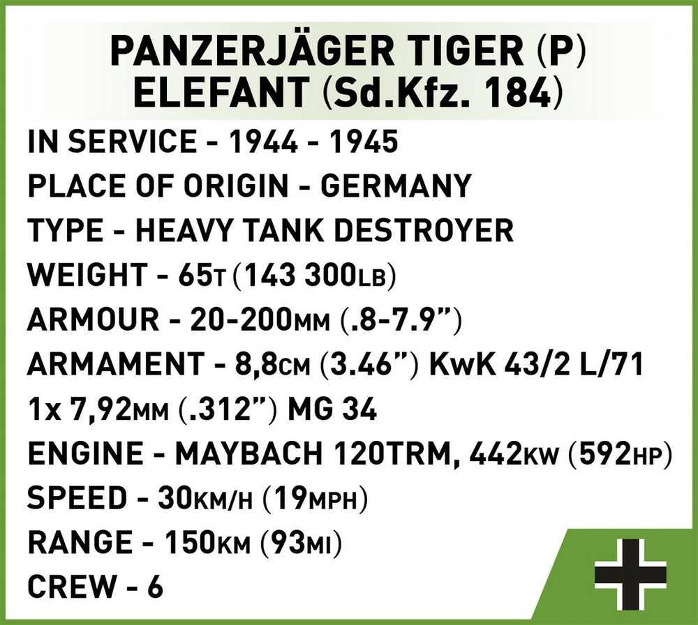 COBI 2582 BLOKAI Panzerjäger Tiger (P) Elefant Tank Cannon