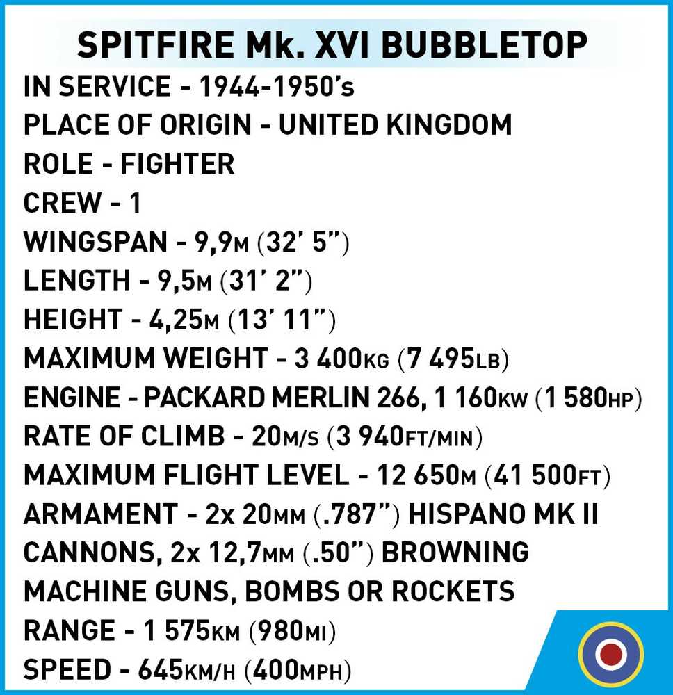 Cobi 5865 britų supermarinas Spitfire Mk. XVI