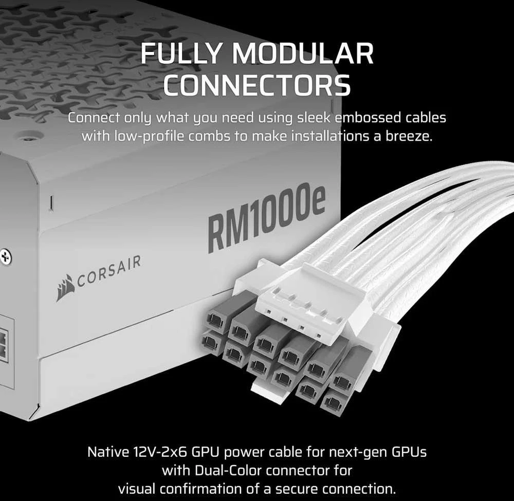 „Corsair RMe“ serijos RM1000e maitinimo blokas 1000 W 24 kontaktų ATX ATX Baltas