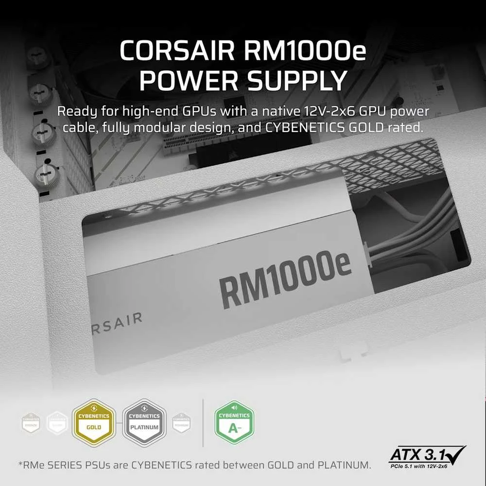 „Corsair RMe“ serijos RM1000e maitinimo blokas 1000 W 24 kontaktų ATX ATX Baltas