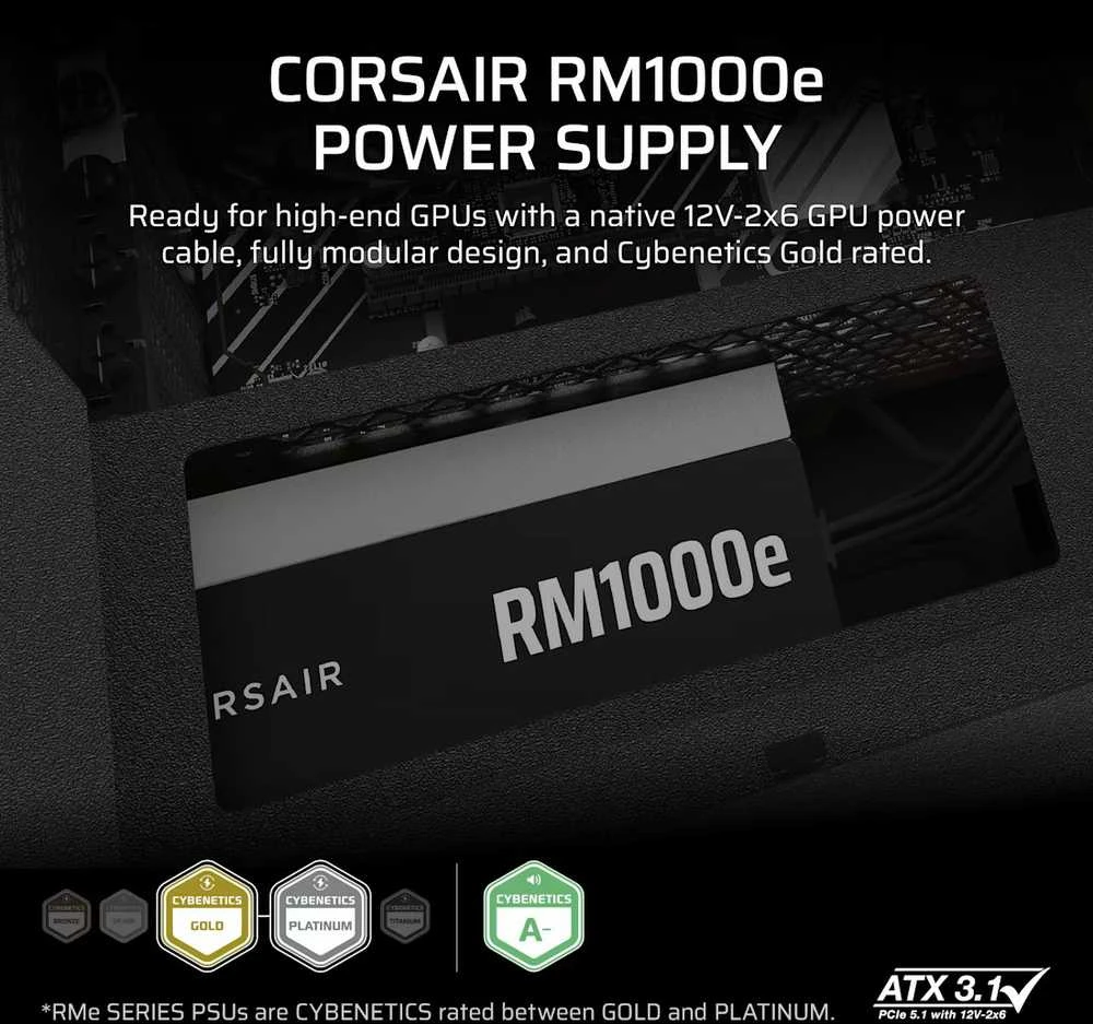 CORSAIR RMe serijos RM1000e 1000 vatų ATX 3.1 PCIe 5.1 Cybenetics Gold sertifikuotas visiškai modulinis maitinimo šaltinis