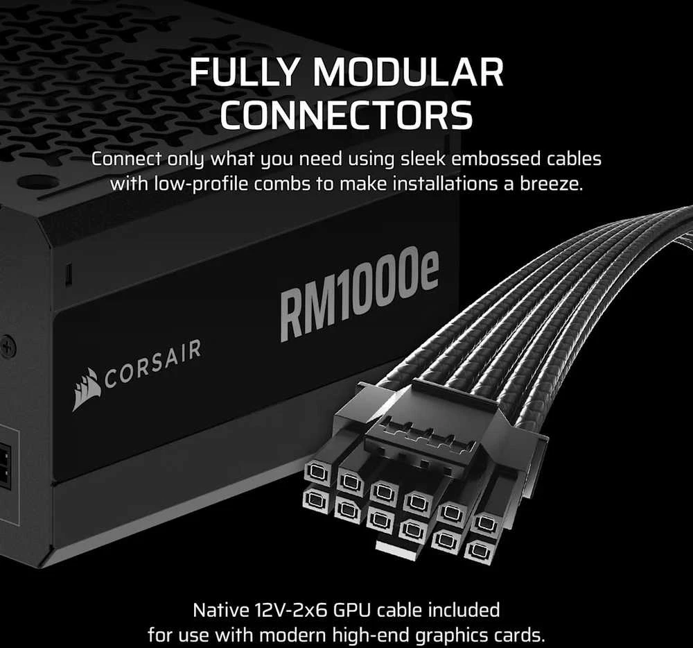 CORSAIR RMe serijos RM1000e 1000 vatų ATX 3.1 PCIe 5.1 Cybenetics Gold sertifikuotas visiškai modulinis maitinimo šaltinis