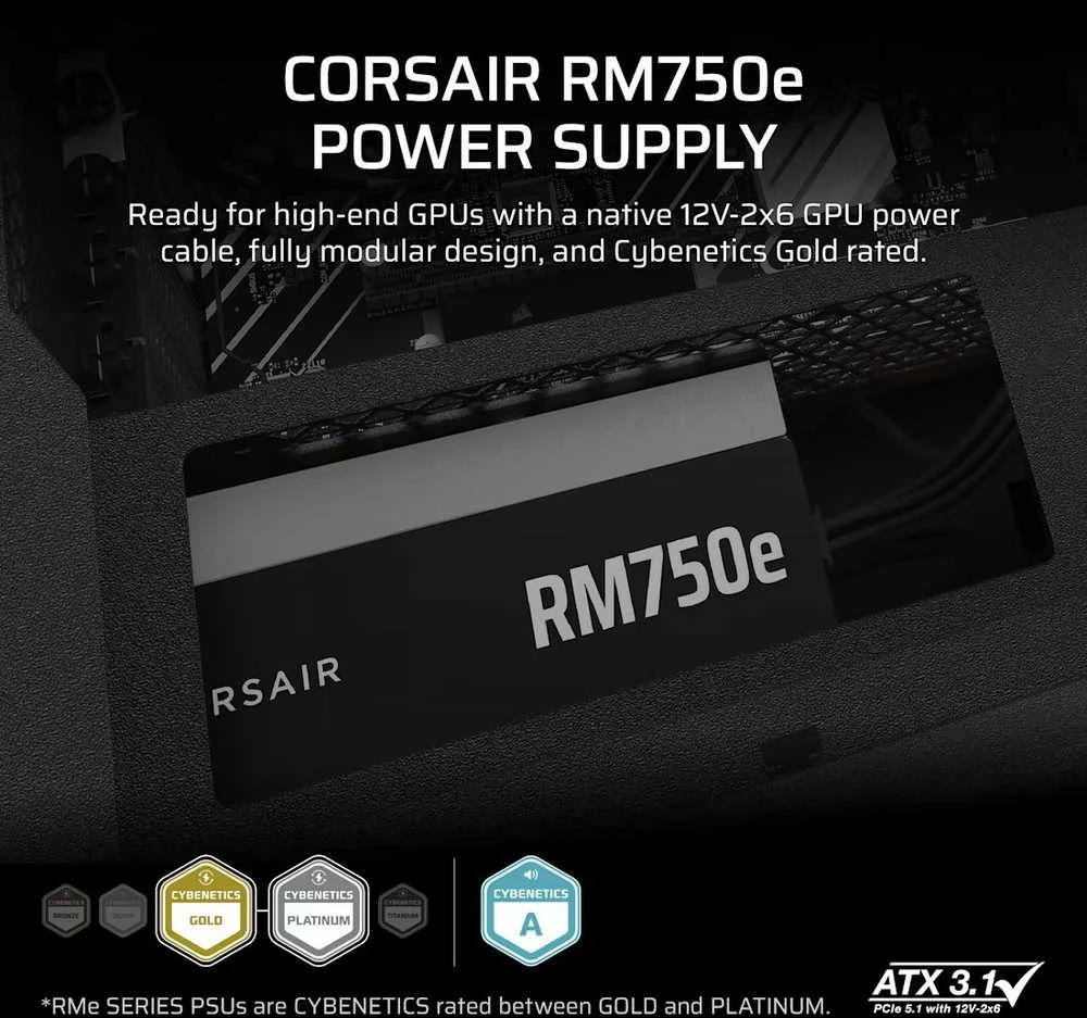 CORSAIR RMe serijos RM750e 750 vatų ATX 3.1 PCIe 5.1 Cybenetics Gold sertifikuotas visiškai modulinis maitinimo šaltinis