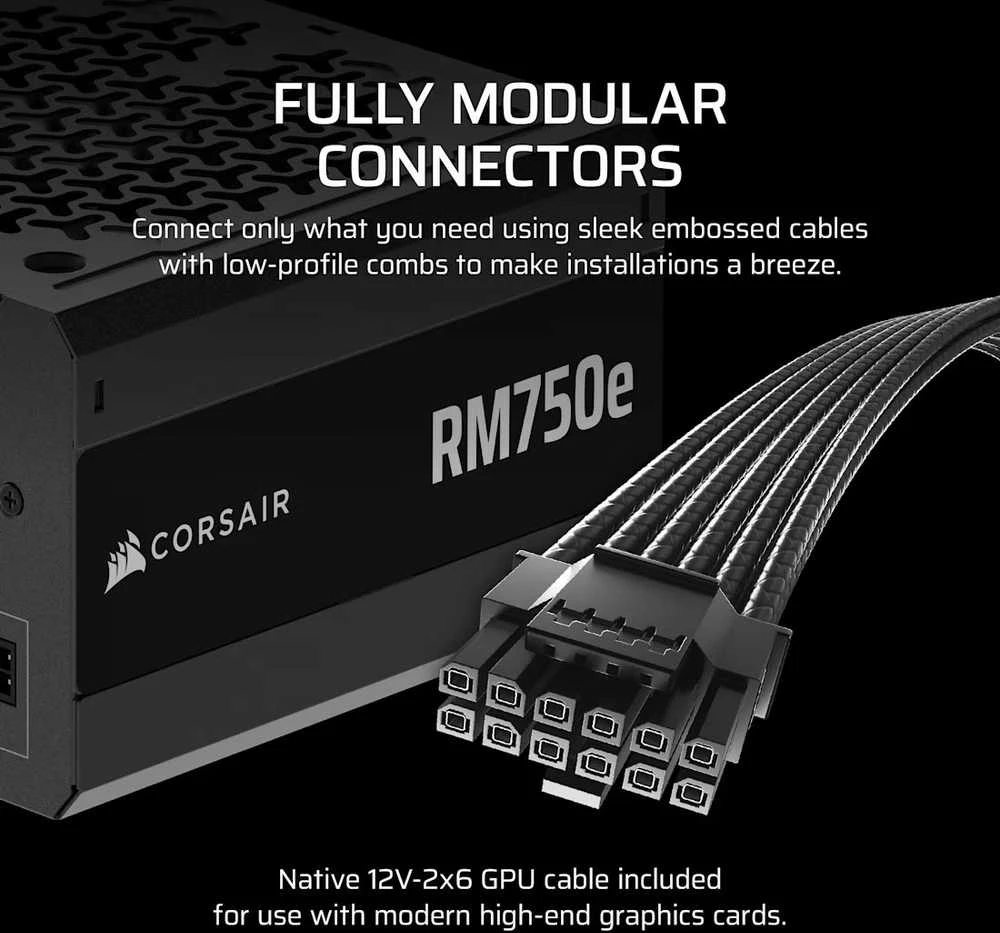 CORSAIR RMe serijos RM750e 750 vatų ATX 3.1 PCIe 5.1 Cybenetics Gold sertifikuotas visiškai modulinis maitinimo šaltinis