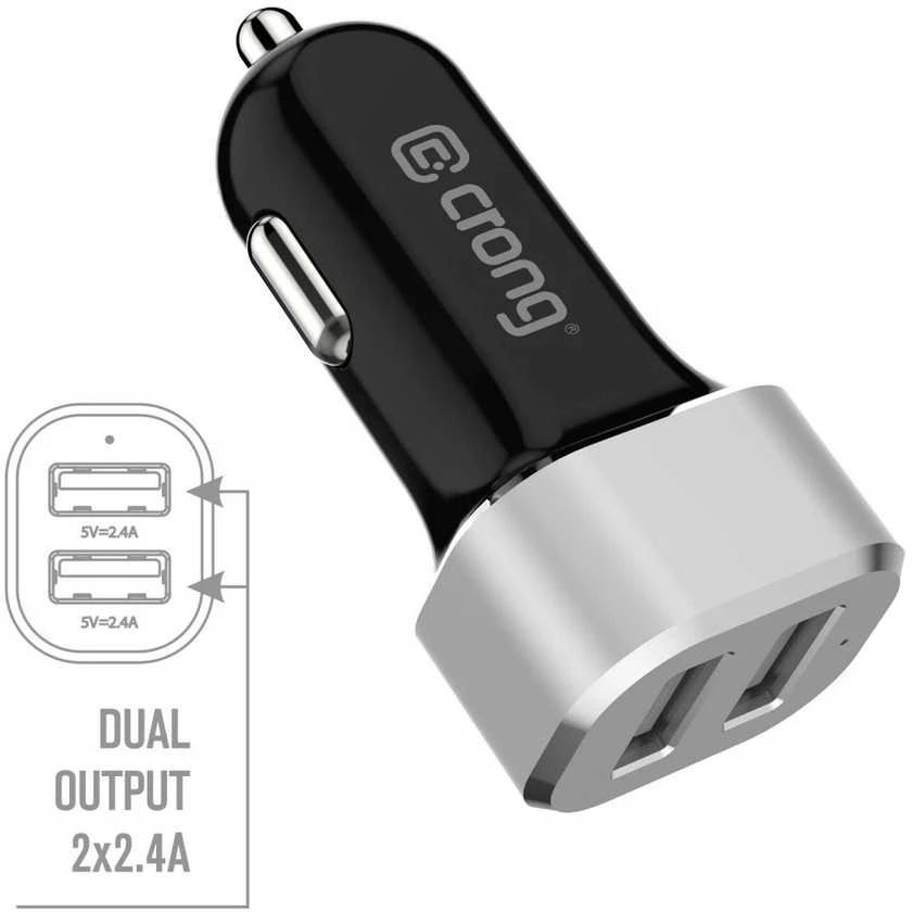 Adapteris Crong Power automobilinis įkroviklis 24W su dviem USB prievadais (aliuminis)