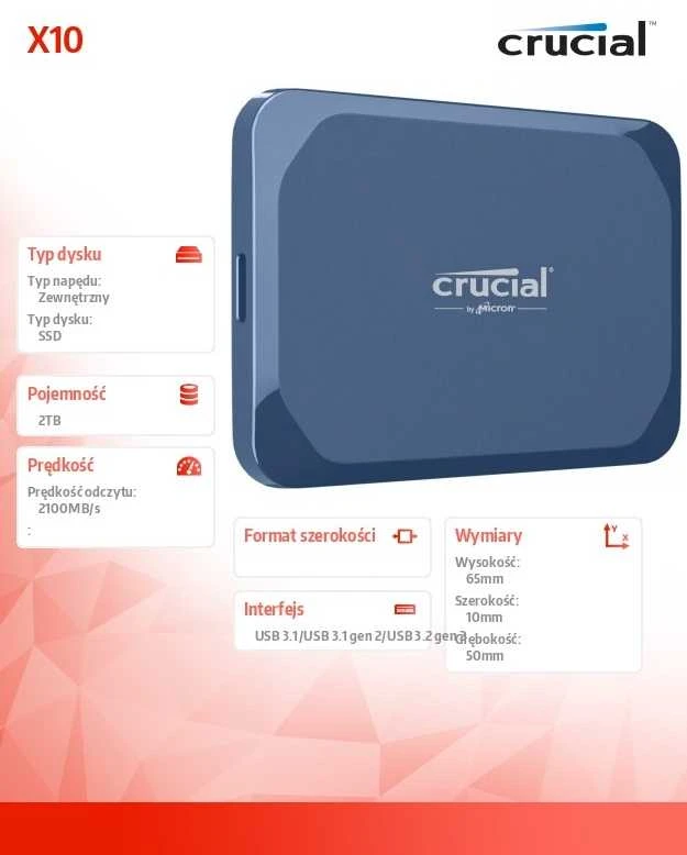 Kietasis diskas „Crucial X10 2TB“ nešiojamasis SSD diskas, USB 3.2, C tipo