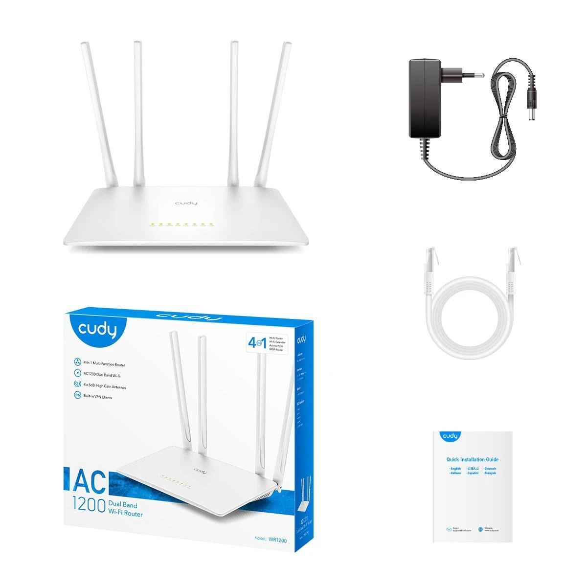Belaidis Maršrutizatorius - Cudy WR1200 Dual-band 867 Mbit/s Greitas Ethernet 4 Antenos Baltas