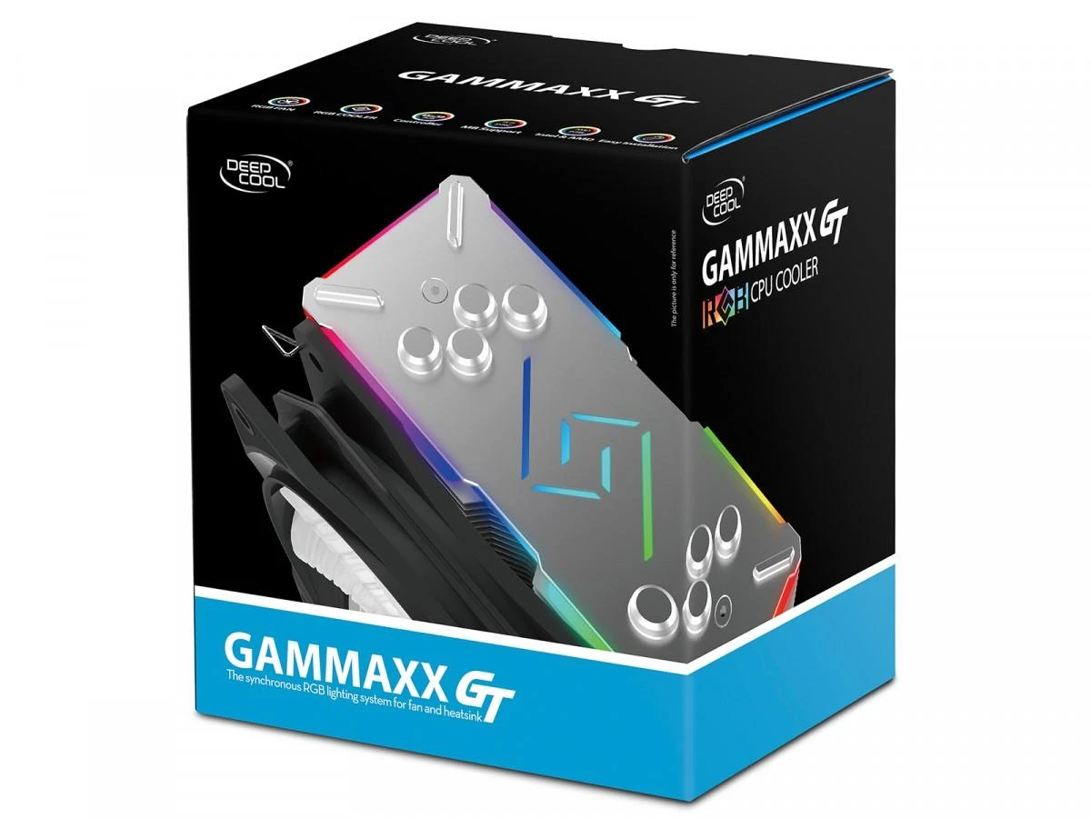 „Deepcool Gammaxx GT“ aušintuvas, 0,5 mm storio pelekai ir 4 šilumos vamzdžiai, 120 mm RGB ventiliatorius, „Intel /115x/1366/20XX“ ir „AMD AM x/FM x“ universalus, „Oro vėsintuvas“, „Intel 150W“, „AMD 140 W“