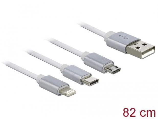 DELOCK USB 3in1 ištraukiamas 8 kontaktų įkrovimo kabelis / Micro USB / USB Type-C baltas