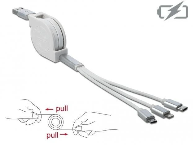 DELOCK USB 3in1 ištraukiamas 8 kontaktų įkrovimo kabelis / Micro USB / USB Type-C baltas