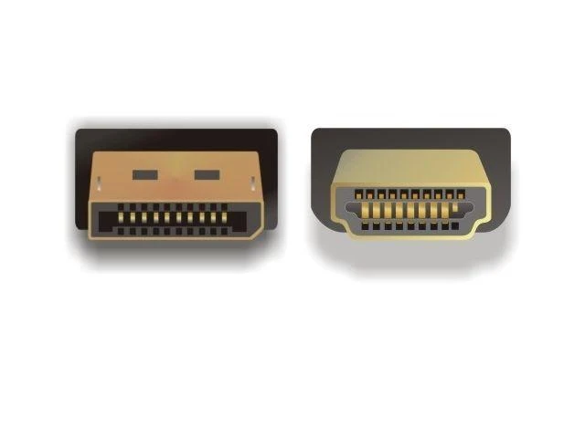 DisplayPort ir HDMI jungtys iš arti