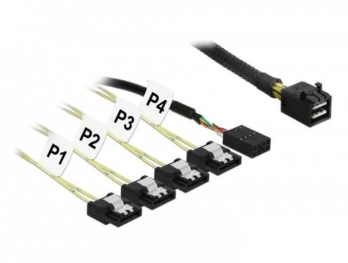 KABELIS SAS MINI HD SFF-8643(M)->4X SATA 7 PIN(F) 0.5M JEDNOWSTĘGOWY DELOCK