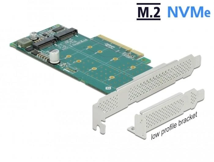 Delock PCI Express x8 kortelė su 2 vidinėmis NVMe M.2 M rakto jungtimis – bifurkacija – žemo profilio formatas