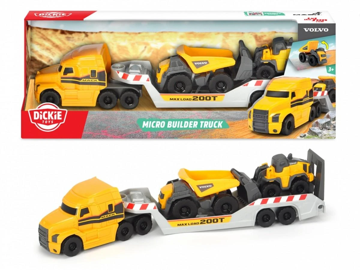 Žaislinis Volvo sunkvežimis - vilkikas 32 cm su ekskavatoriumi ir savivarčiu, Dickie