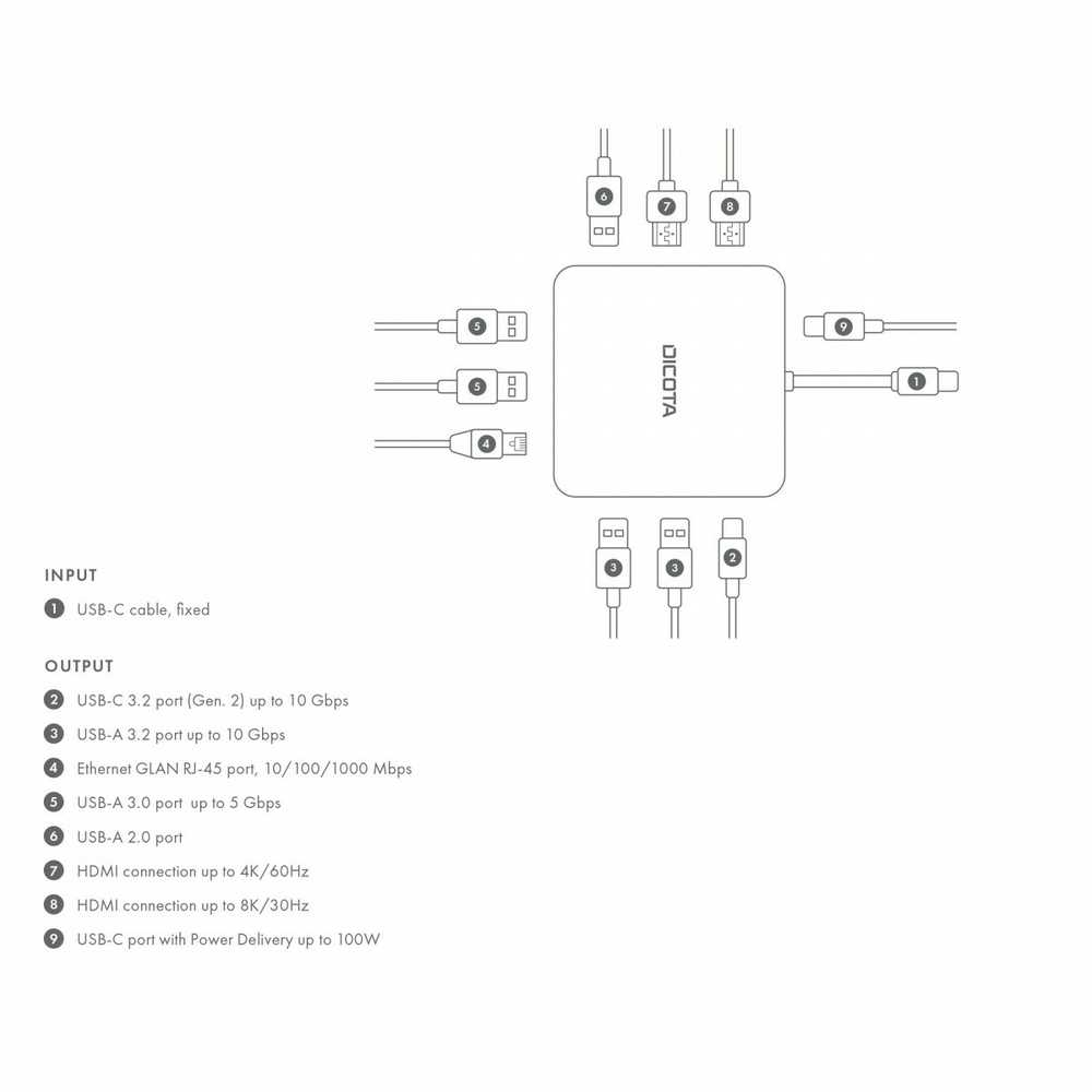 Dicota Nešiojama „10 viename“ HDMI PD 100 W 8K USB-C prijungimo stotis