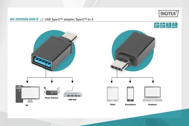 Assmann Electronic DIGITUS USB Type-C adapteris, tipas C į A M/F Super-Speed bl