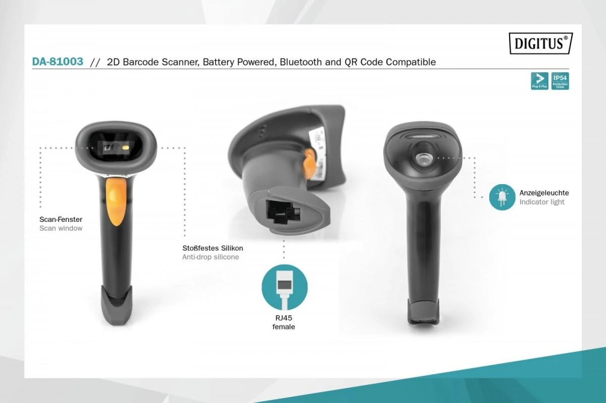 Assmann elektroninis DIGITUS 2D Bluetooth brūkšninių kodų skaitytuvas 200 nuskaitymo per sek. su laikikliu