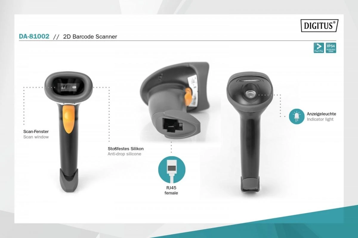 Assmann elektroninis DIGITUS 2D brūkšninių kodų skaitytuvas, dvikryptis 200 nuskaitymų/sek. 2 m USB-RJ45 kabelis su laikikliu