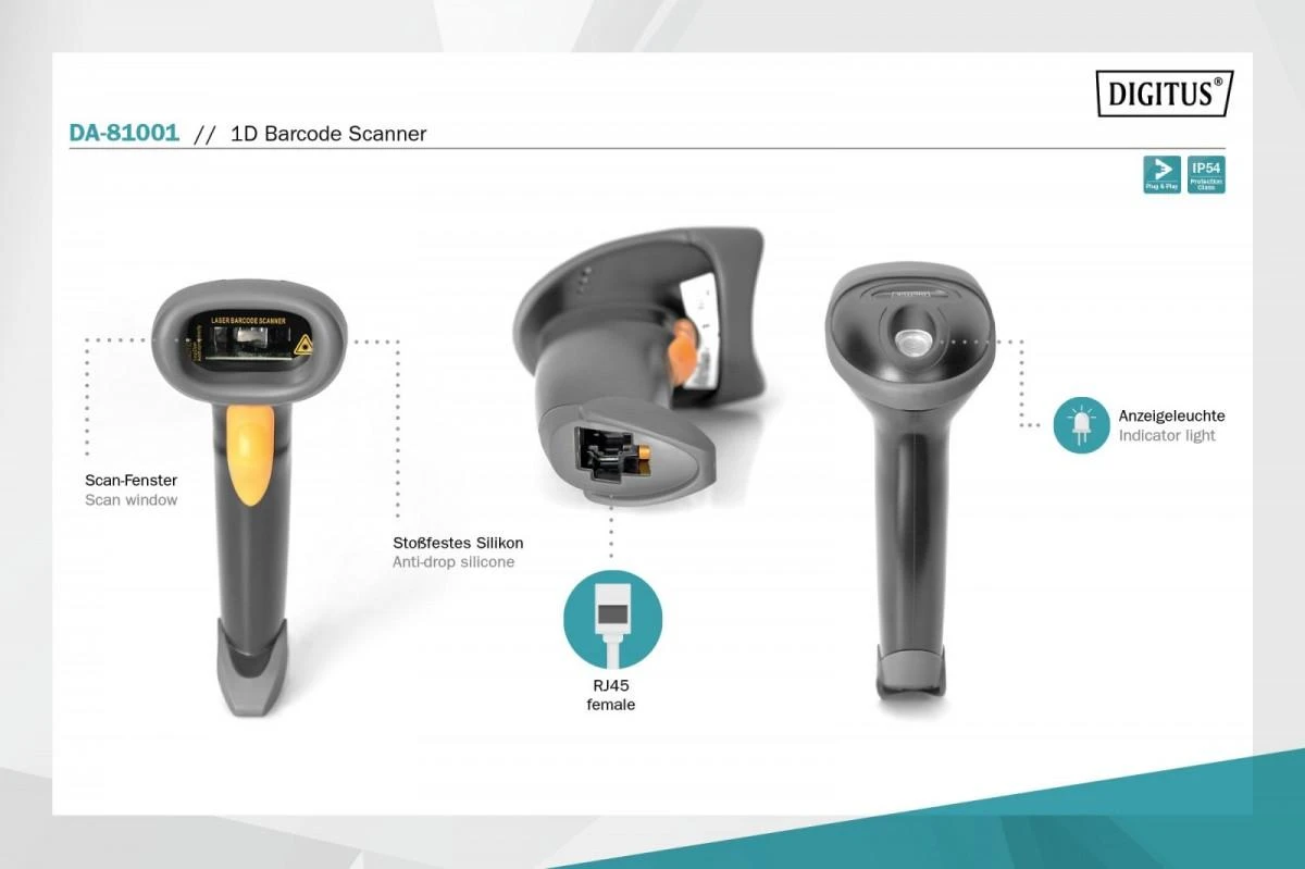 Assmann elektroninis DIGITUS 1D brūkšninių kodų skaitytuvas, dvikryptis 200 nuskaitymų per s. 2 m USB-RJ45 kabelis