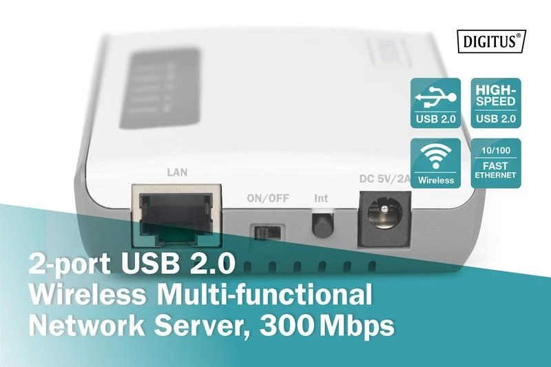 Assmann Electronic DIGITUS 2 prievadų USB 2.0 belaidis daugiafunkcis tinklo serveris 300 Mbps