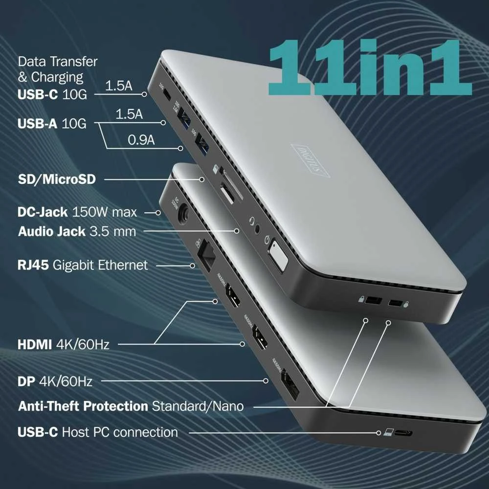 Digitus 11-in-1 jungčių stotelė su techniniais prievadų aprašymais