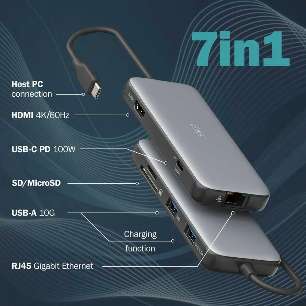 Digitus 7-in-1 USB-C stotelė su jungčių techniniu žymėjimu
