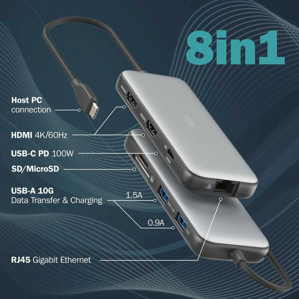 Digitus 8-in-1 USB-C šakotuvas su jungčių aprašymo schemomis