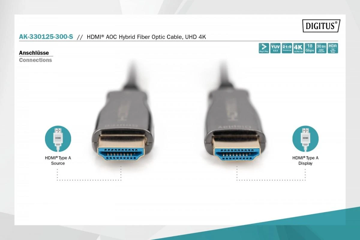 Assmann Electronic „Assmann“ elektroninis ASSMANN jungiamasis kabelis HDMI hibridinis šviesolaidinis „Premium HighSpeed Ethernet“ AOC 4K 60Hz UHD tipas HDMI A/HDMI AM/M 30m