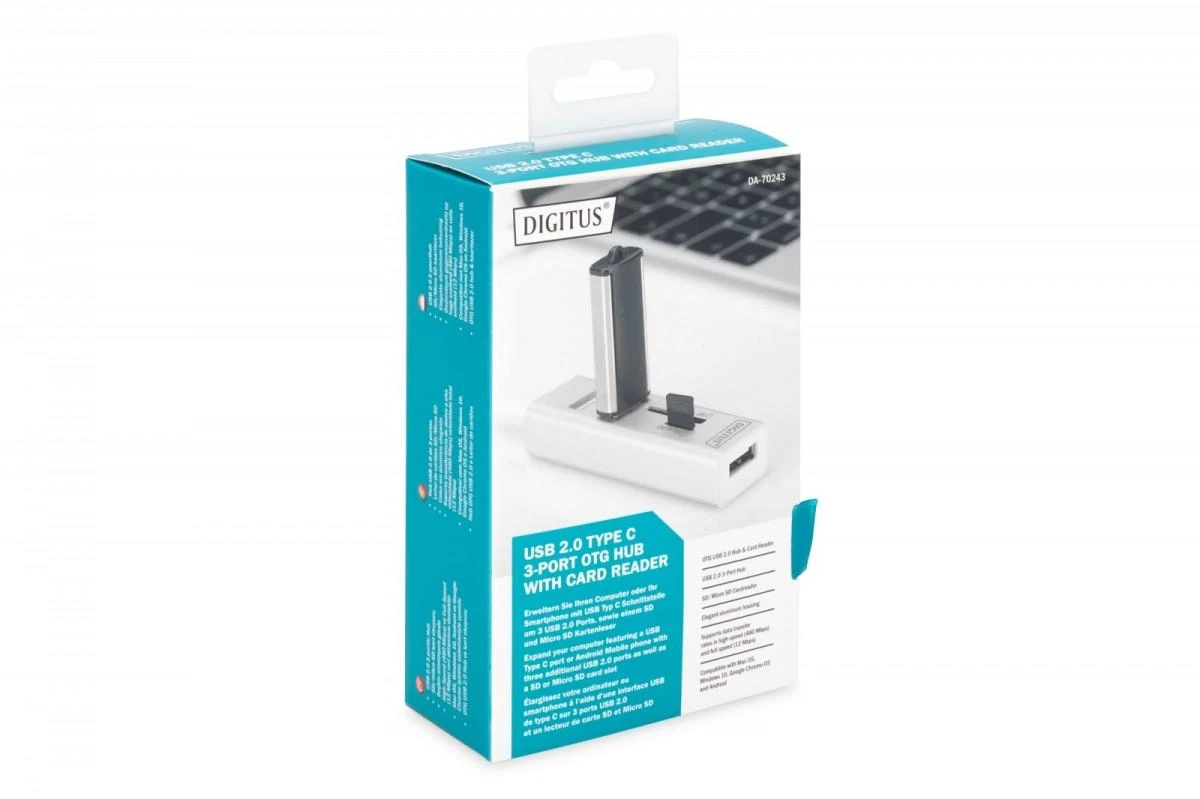 DIGITUS DA-70243 DIGITUS USB Type-C OTG 3 prievadų HUB + kortelių skaitytuvas