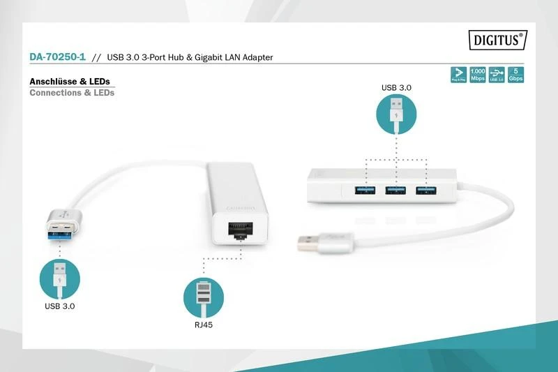 Assmann Electronic DIGITUS USB3.0 3 prievadų HUB & GLAN adapteriai 3xUSB A/F 1xUSB A/M 1xRJ45 LAN