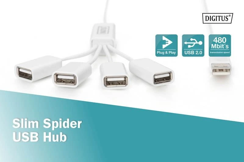 Assmann Electronic DIGITUS USB2.0 kabelio šakotuvas 4 prievadų magistralė maitinama 4xUSB A/F 1xUSB A/M be maitinimo šaltinio