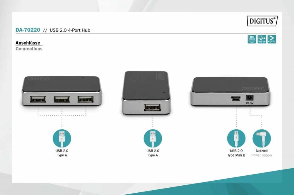 Assmann Electronic DIGITUS USB2.0 Hub 4 prievadų 4xUSB A /F USB B mini F įsk. maitinimo šaltinis ir USB kabelis A/B mini