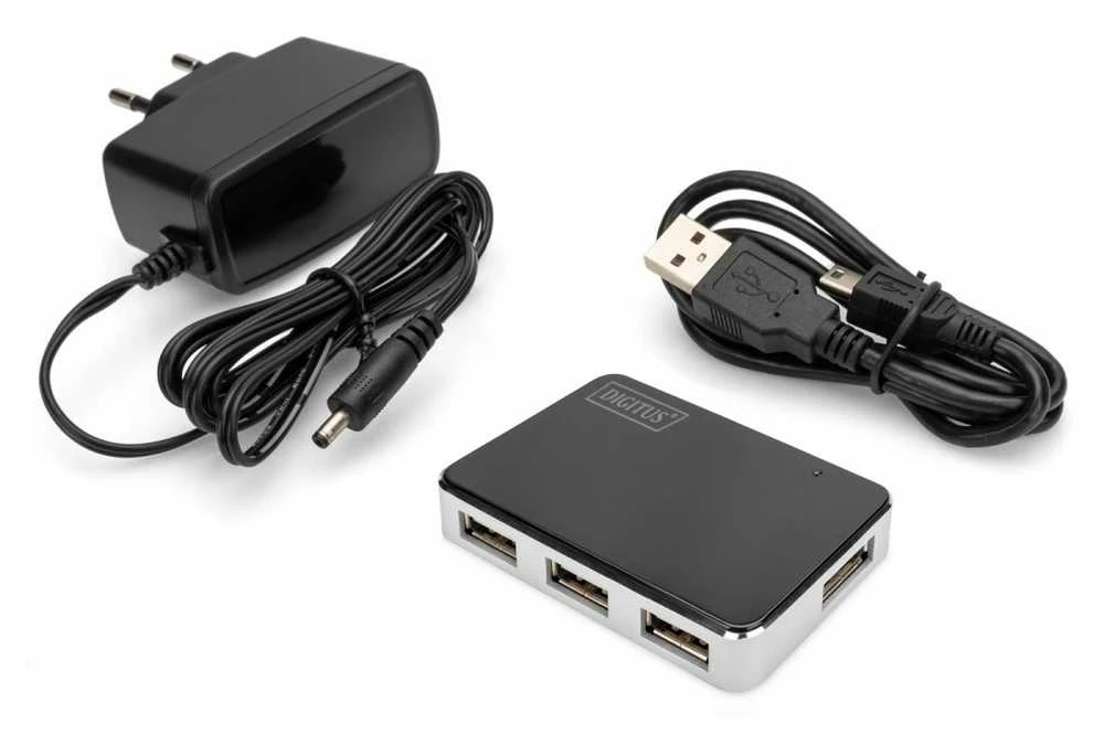 Assmann Electronic DIGITUS USB2.0 Hub 4 prievadų 4xUSB A /F USB B mini F įsk. maitinimo šaltinis ir USB kabelis A/B mini