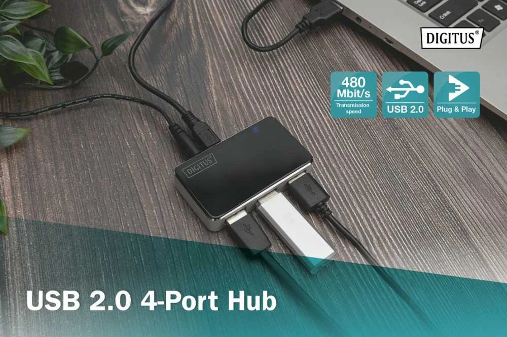 Assmann Electronic DIGITUS USB2.0 Hub 4 prievadų 4xUSB A /F USB B mini F įsk. maitinimo šaltinis ir USB kabelis A/B mini